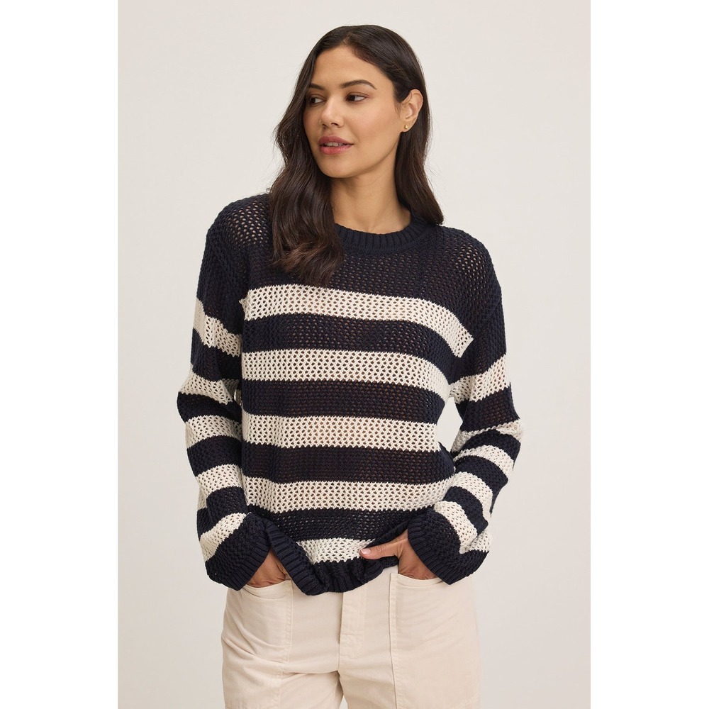 Velvet by Graham & Spencer Navy and Cream Striped Open-Knit Crewneck Sweater